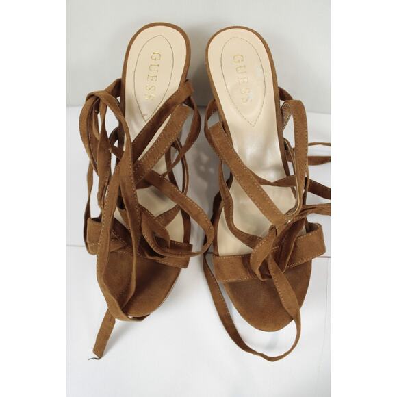 Guess Treacy Wedge Faux Suede Shoes Women 9 Platform Cork Heel Strappy Brown - Picture 3 of 12